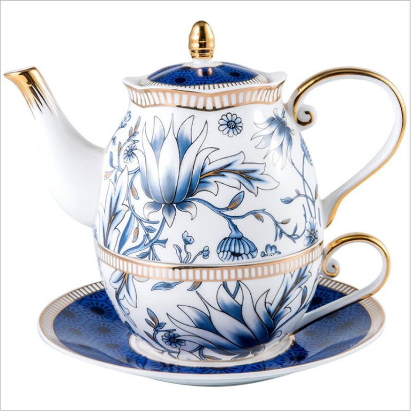 Blue Floral Tea for One Porcelain Teapot Cup Set