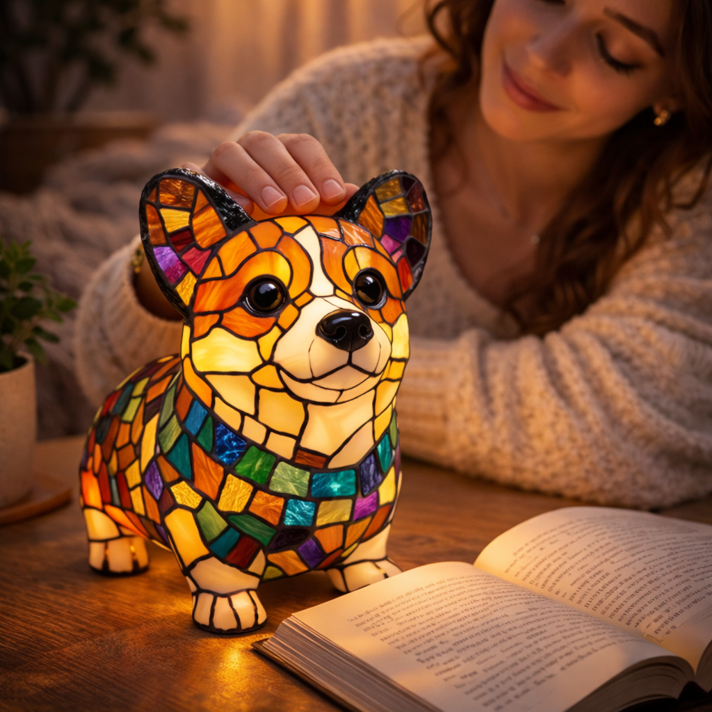 Lampe de table LED avec figurine de chien colorée, veilleuse style vitrail
