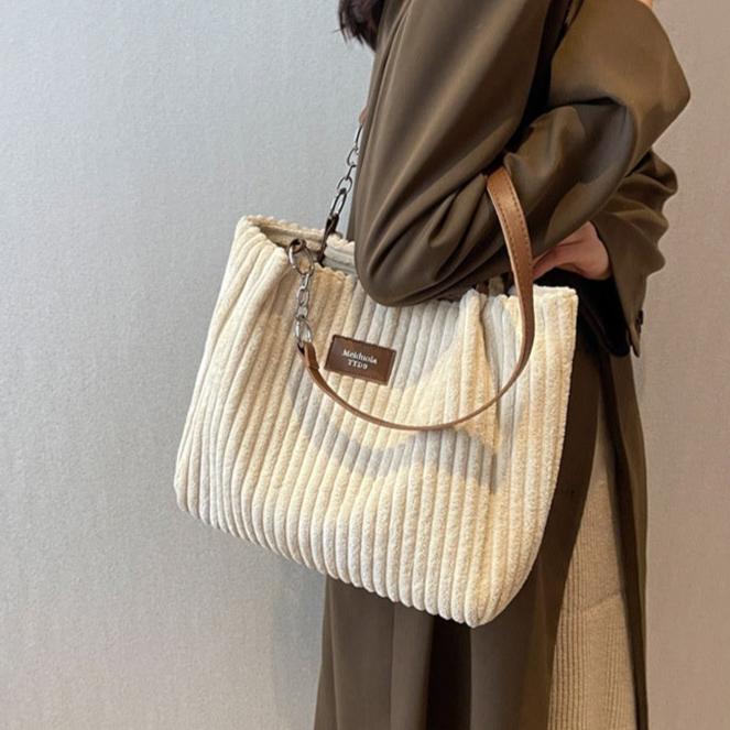 Corduroy Tote Bag for Women Spacious Shoulder Bag with Organised Pockets