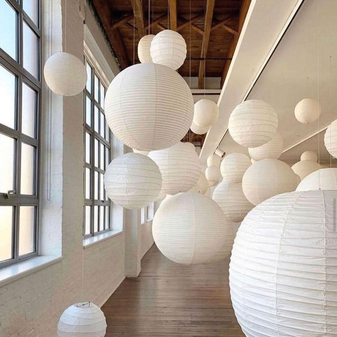 Japanese Paper Pendant Light with Cotton Paper Shade and Steel Wire Frame