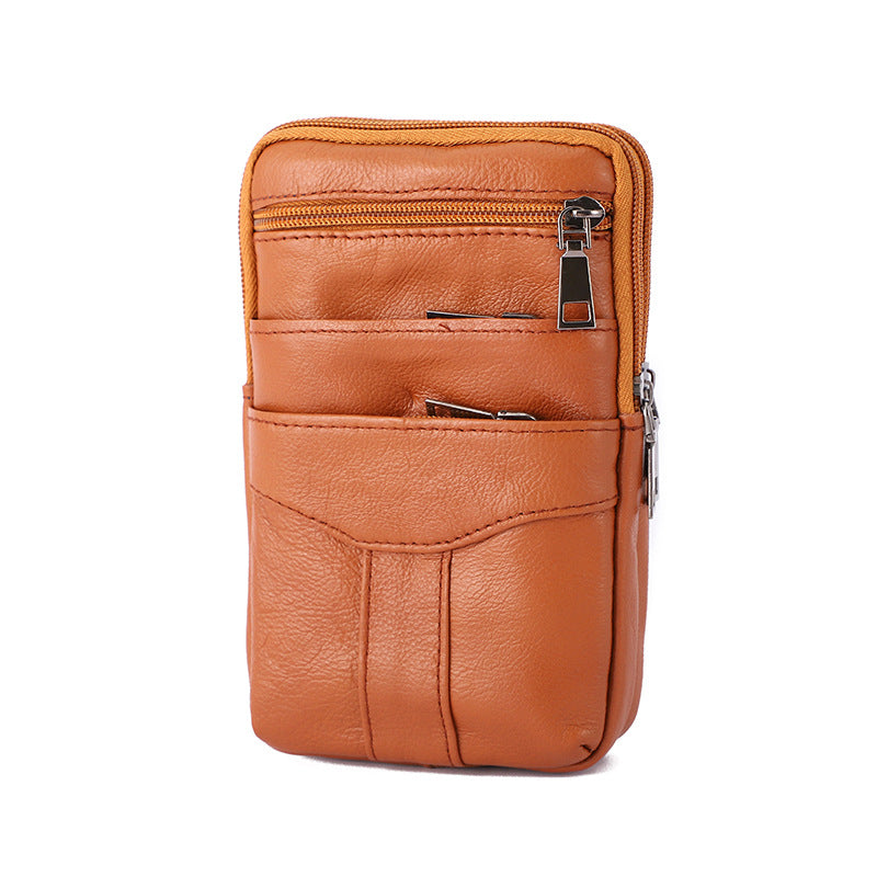Mens Genuine Leather Waist Bag Crossbody Phone Holder with Multiple Zip Compartments