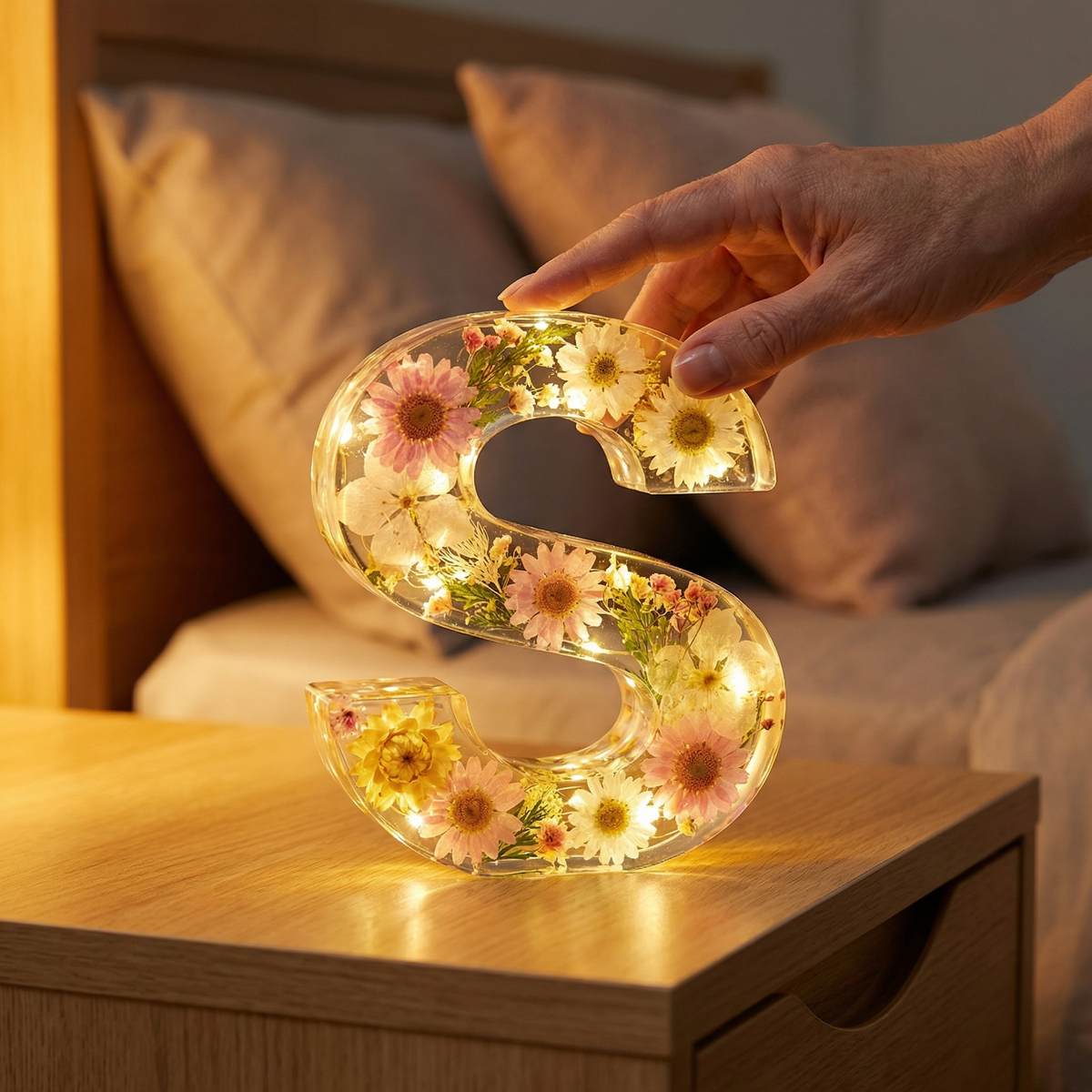 Personalised Floral Resin Letter Light with Real Dried Flowers and Warm LED