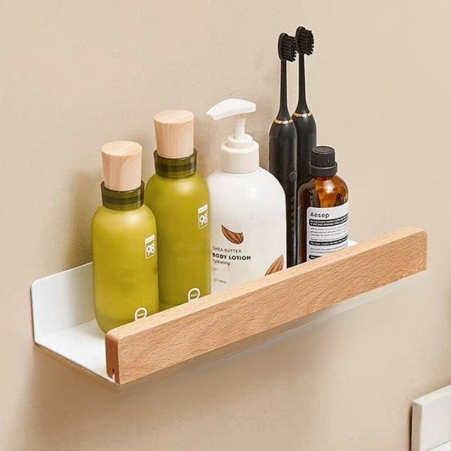 Solid Wood Bathroom Shelf No Drill Wall Mounted Organizer