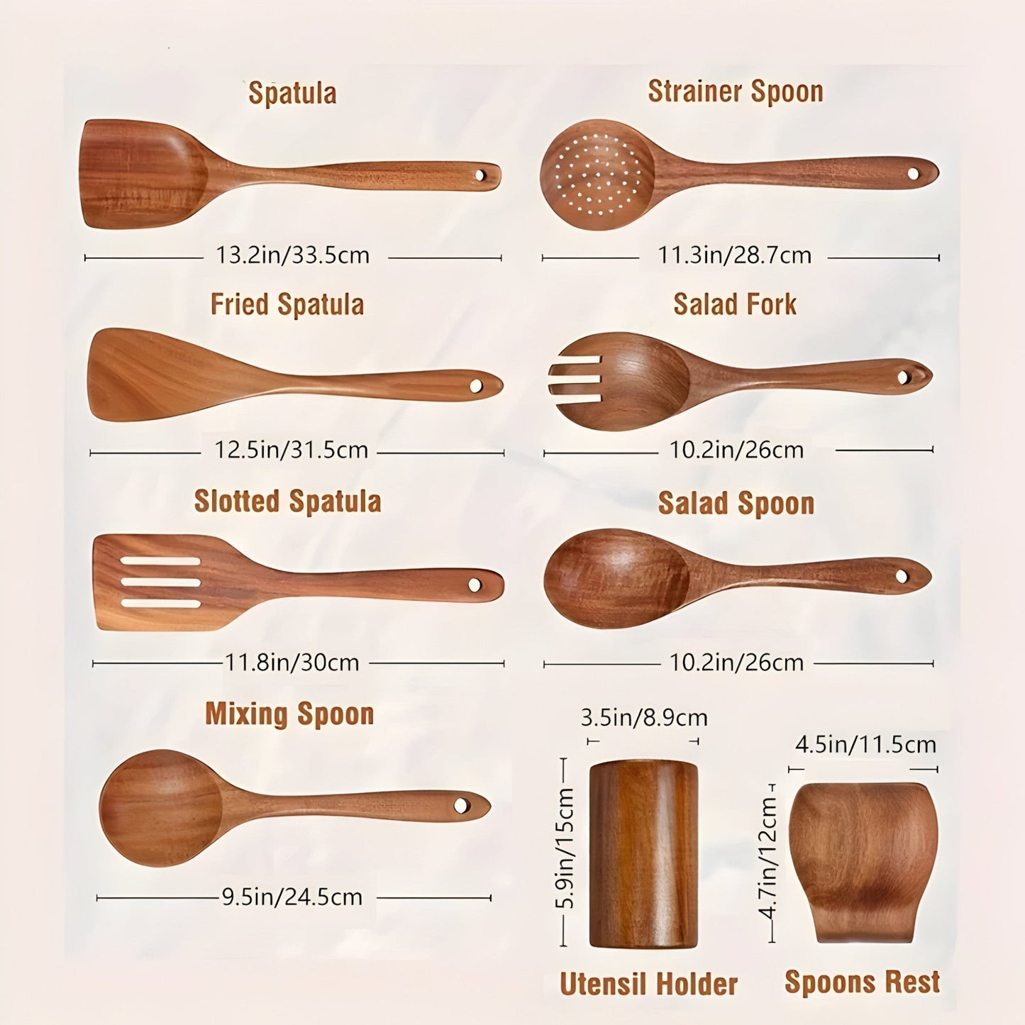 Teak Wood Kitchen Utensil Set with Holder 9 Piece Cooking Tools