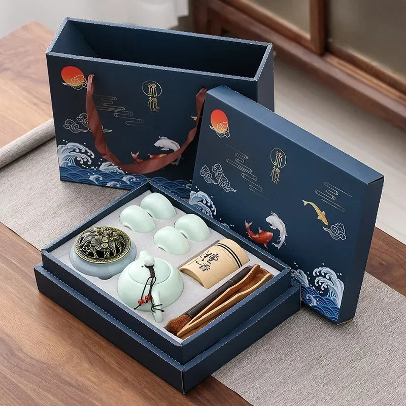 Traditional Chinese Ceramic Tea Set with 4 Cups and Incense Burner Gongfu Tea Set