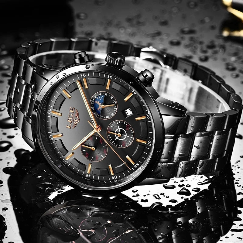 VanguardTime Men's Black Steel Watch Sleek Quartz Design