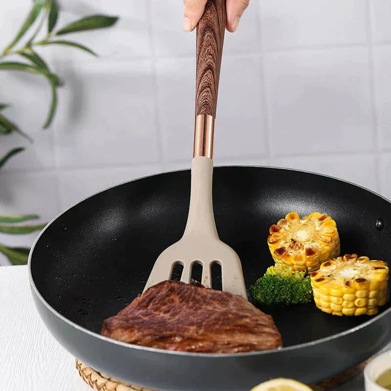 10 Piece Silicone Kitchen Utensil Set with Wooden Handles