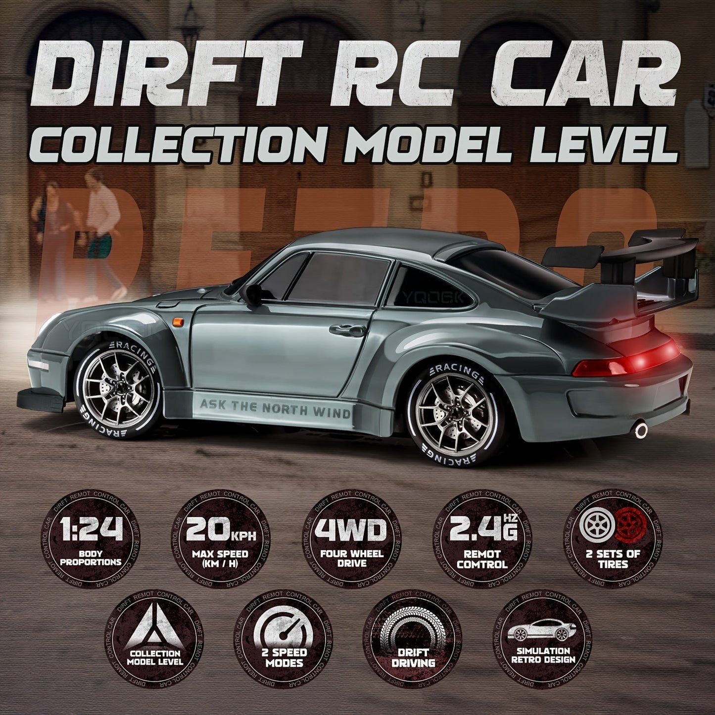 1:24 RC Drift Car with LED Wheels and Rechargeable 4WD Racing Performance