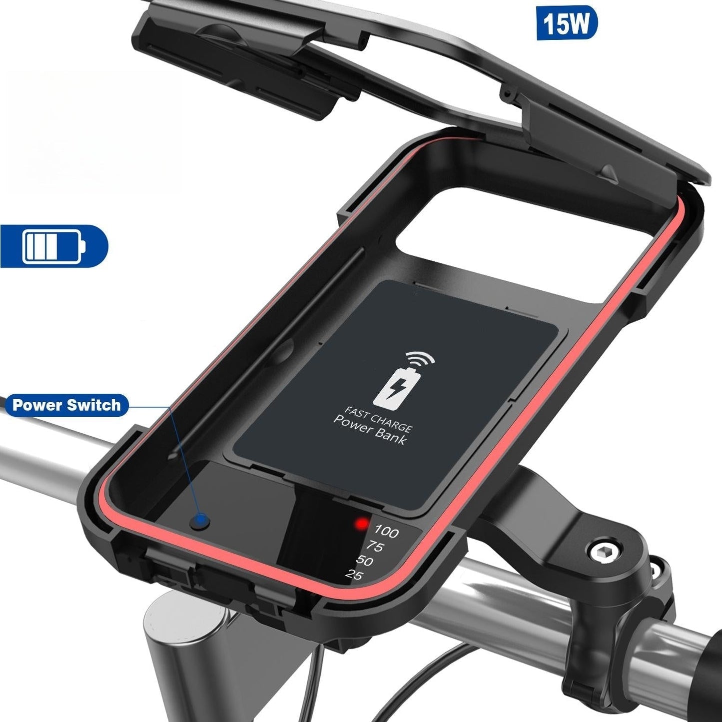 15W Power Bank Bike Handlebar Phone Mount Waterproof with USB Charging
