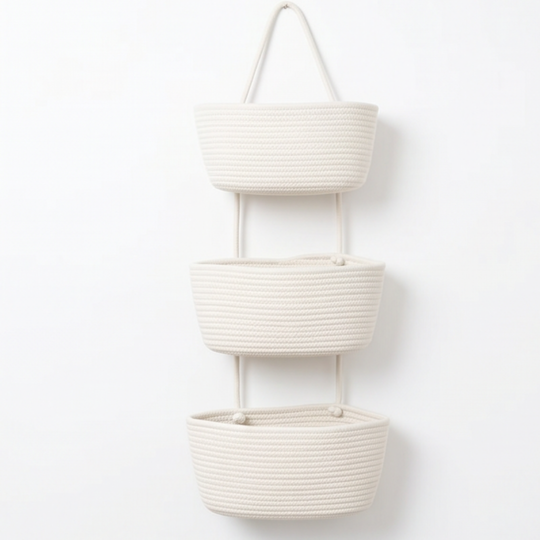3-Tier Hanging Basket Organiser with Over-Door Hook and Detachable Baskets