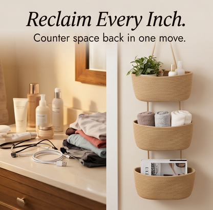 3-Tier Hanging Basket Organiser with Over-Door Hook and Detachable Baskets