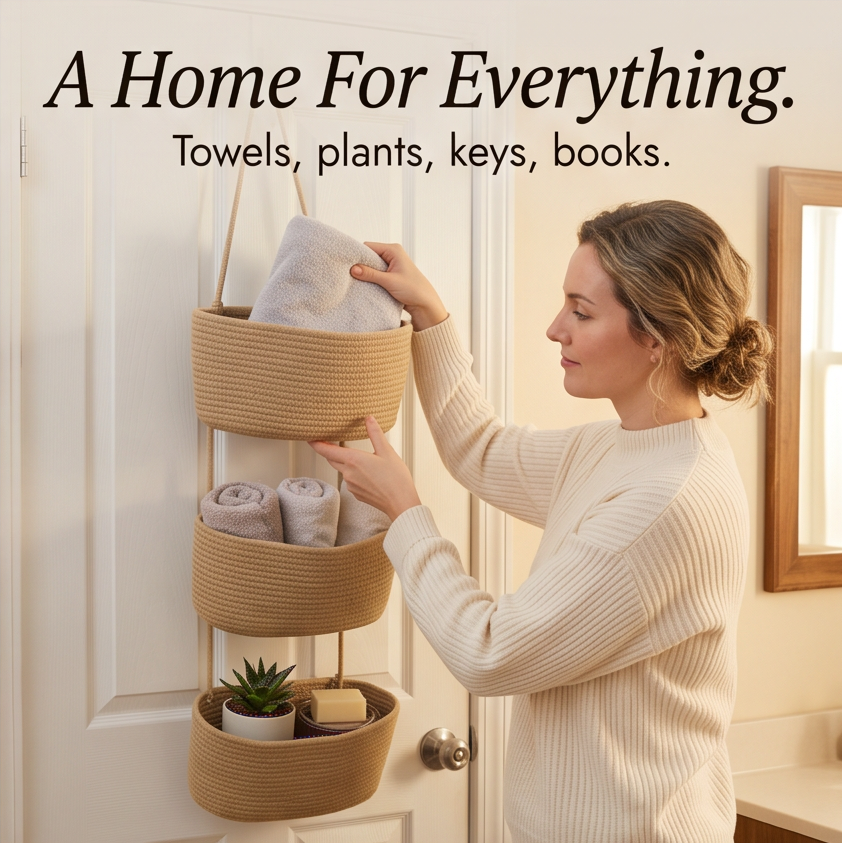 3-Tier Hanging Basket Organiser with Over-Door Hook and Detachable Baskets