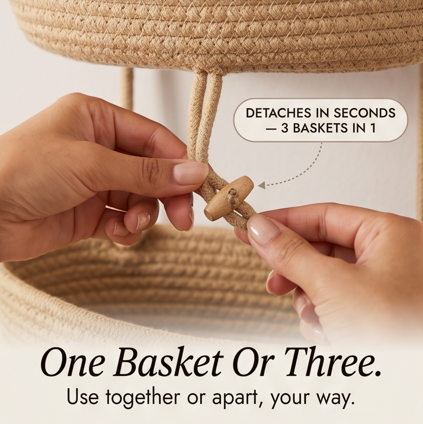 3-Tier Hanging Basket Organiser with Over-Door Hook and Detachable Baskets