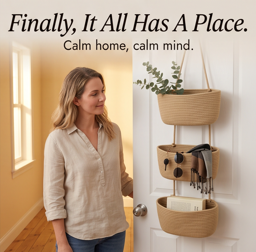 3-Tier Hanging Basket Organiser with Over-Door Hook and Detachable Baskets