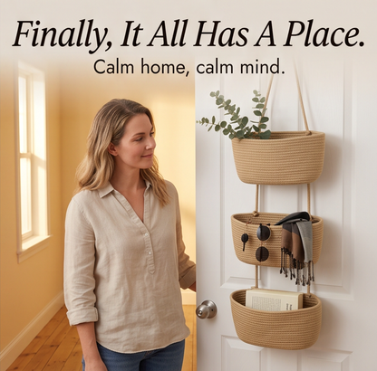 3-Tier Hanging Basket Organiser with Over-Door Hook and Detachable Baskets