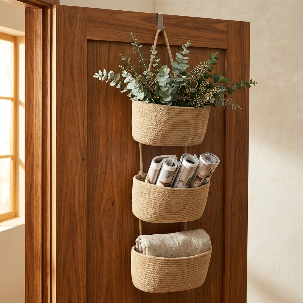 3-Tier Hanging Basket Organiser with Over-Door Hook and Detachable Baskets