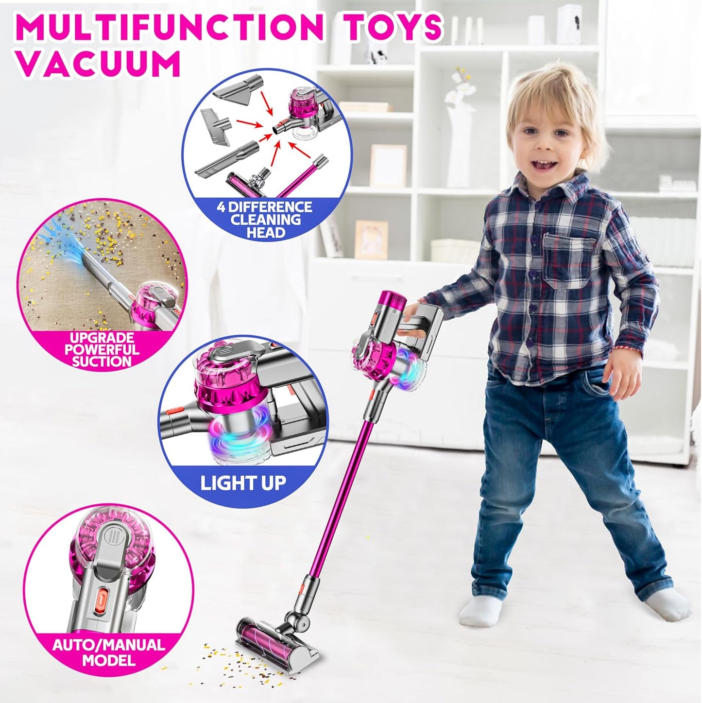 4 in 1 Kids Toy Vacuum Cleaner with Real Suction Lights and Sounds