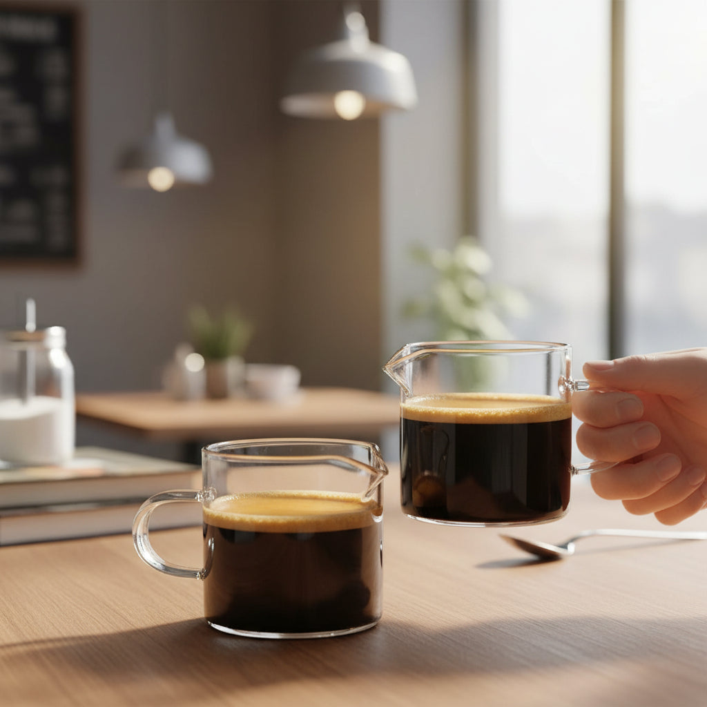Glazen espressomaatbekers van 4oz met dubbele schenktuit, set koffieshotkannetjes