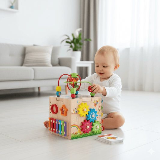 8-in-1 Montessori Wooden Activity Cube with Bead Maze, Xylophone and Shape Sorter