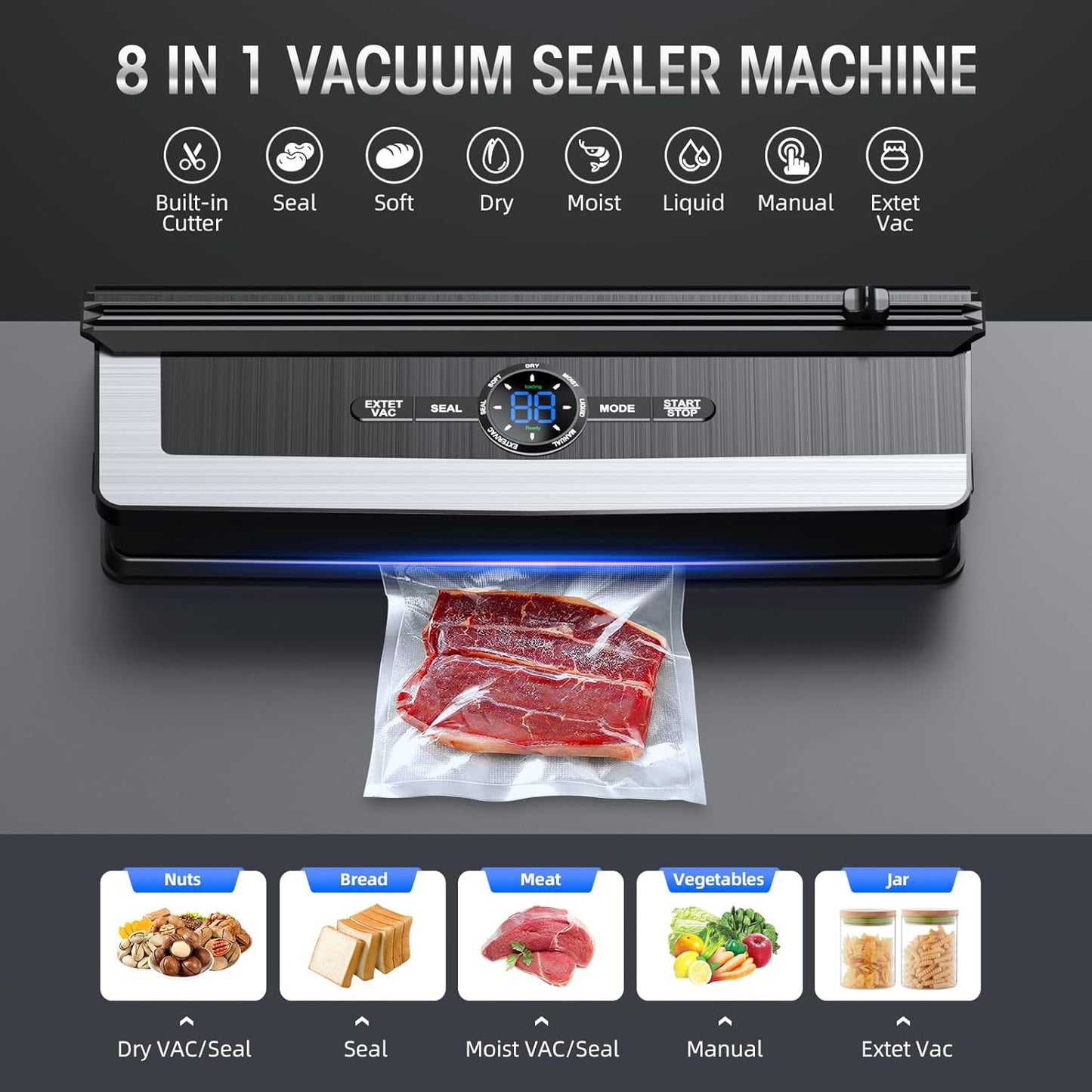 8 in 1 Vacuum Sealer Food Saver Machine with Built In Cutter for Fresh Storage