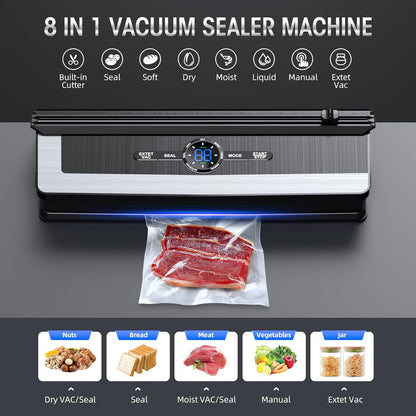 8 in 1 Vacuum Sealer Food Saver Machine with Built In Cutter for Fresh Storage