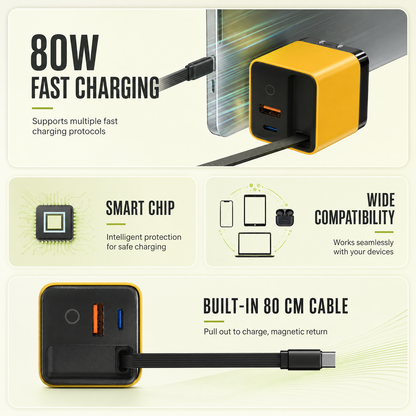 80W GaN USB-C Charger with Built-In Cable