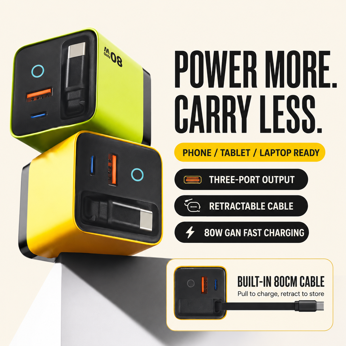 80W GaN USB-C Charger with Built-In Cable