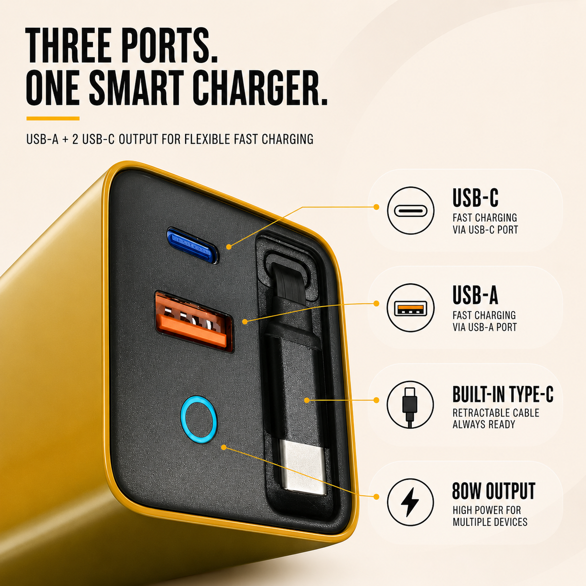 80W GaN USB-C Charger with Built-In Cable