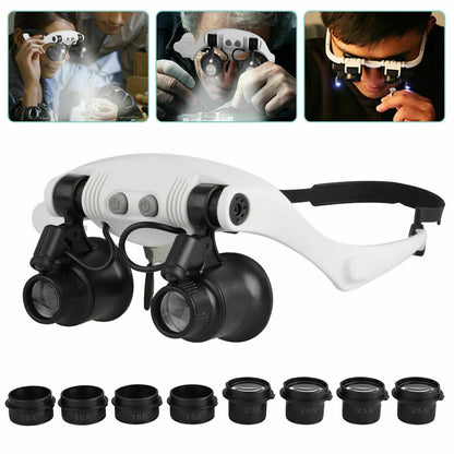 Adjustable Headband Magnifier with LED Light and 8 Lenses
