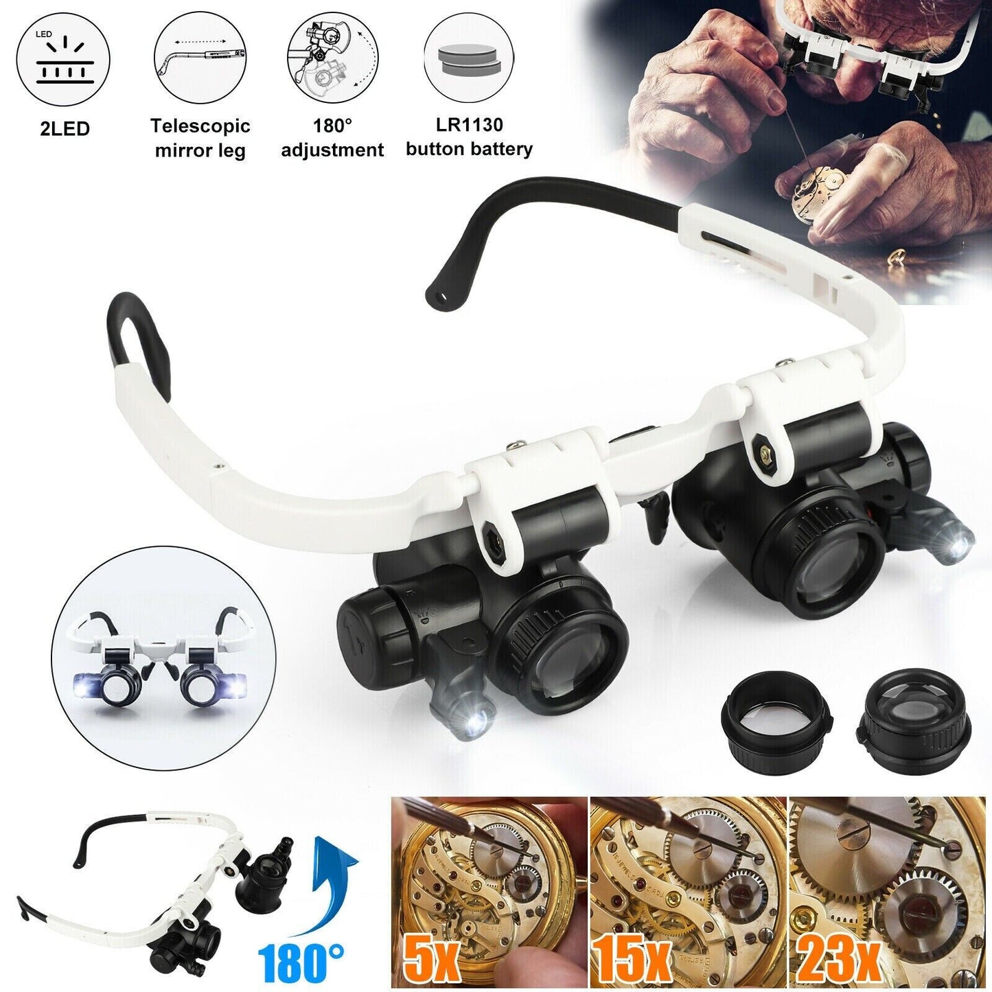 Adjustable Headband Magnifier with LED Light and 8 Lenses