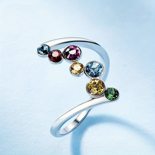 Bague ajustable multicolore avec pierre de naissance, finition argentée