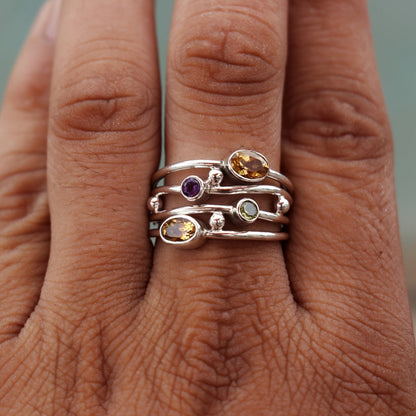 Adjustable Silver Tone Birthstone Wrap Ring with Zircon