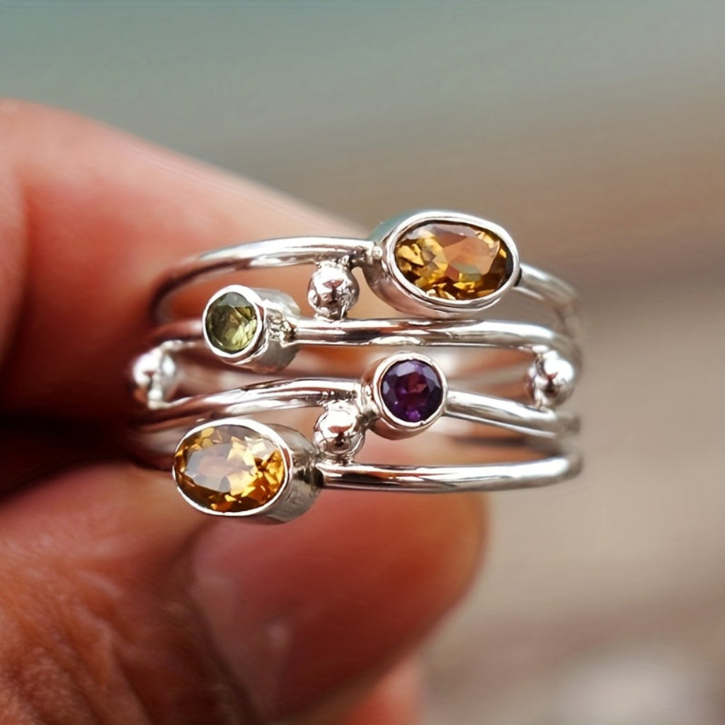 Adjustable Silver Tone Birthstone Wrap Ring with Zircon