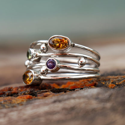 Adjustable Silver Tone Birthstone Wrap Ring with Zircon