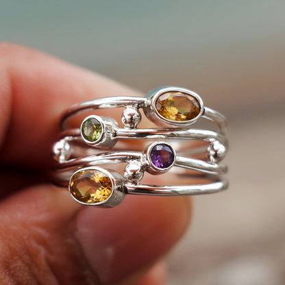 Adjustable Silver Tone Birthstone Wrap Ring with Zircon