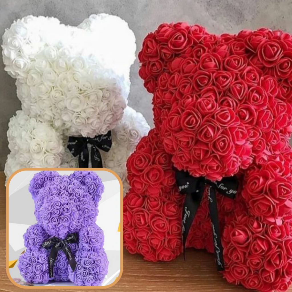 Orsetto floreale a forma di orso con rose artificiali, decorazione e regalo