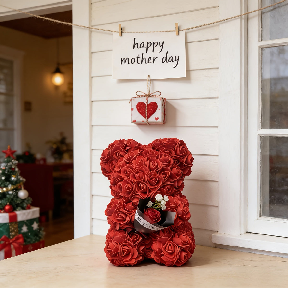 Orsetto decorativo da tavolo a forma di orso con rose artificiali, decorazione floreale regalo