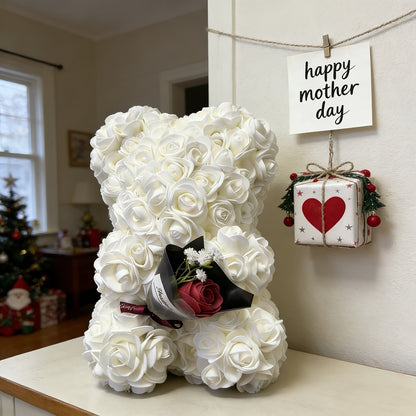 Orsetto decorativo da tavolo a forma di orso con rose artificiali, decorazione floreale regalo