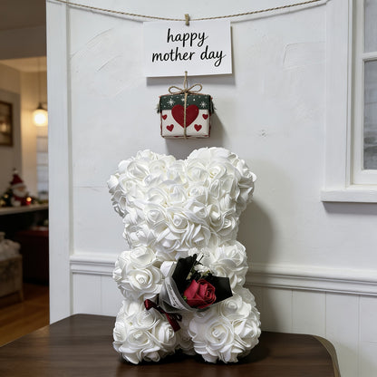 Orsetto decorativo da tavolo a forma di orso con rose artificiali, decorazione floreale regalo