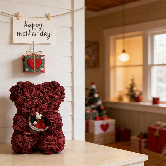 Oso de peluche con rosas artificiales, decoración de mesa y regalo