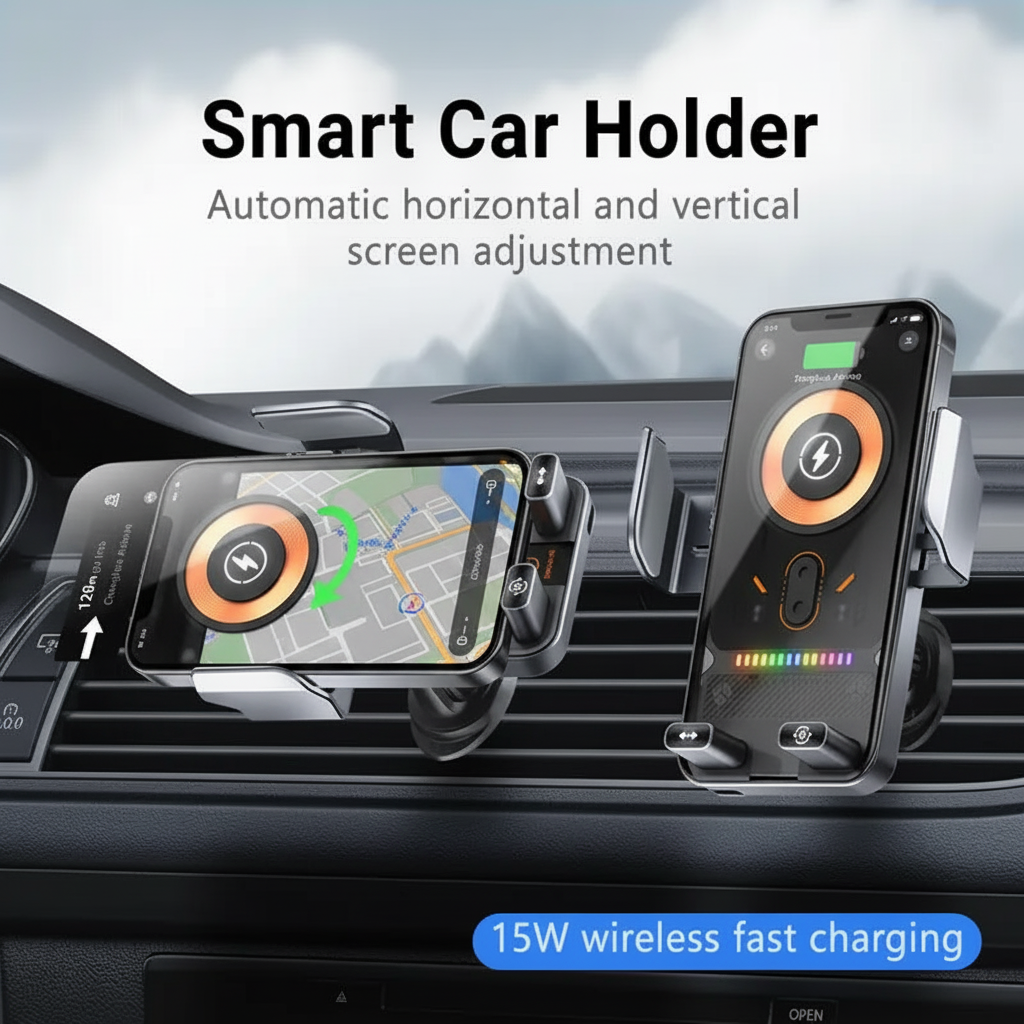 Supporto per telefono da auto con ricarica wireless, morsetto automatico e fissaggio alla bocchetta d'aria
