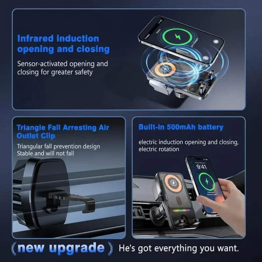Supporto per telefono da auto con ricarica wireless, morsetto automatico e fissaggio alla bocchetta d'aria