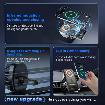 Supporto per telefono da auto con ricarica wireless, morsetto automatico e fissaggio alla bocchetta d'aria
