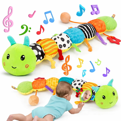 Peluche sensoriale a forma di bruco per neonati, sonaglio musicale e massaggiagengive per il tummy time