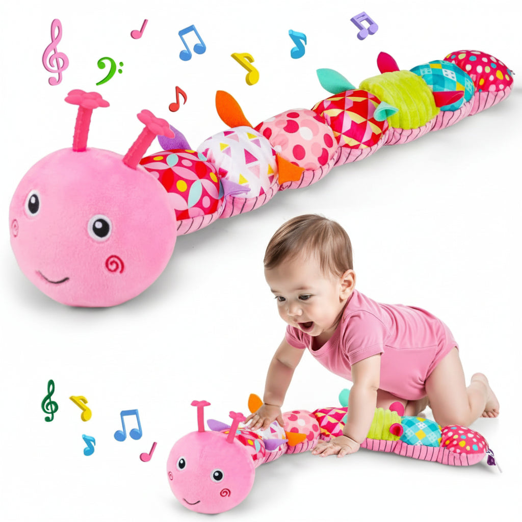 Peluche sensoriale a forma di bruco per neonati, sonaglio musicale e massaggiagengive per il tummy time