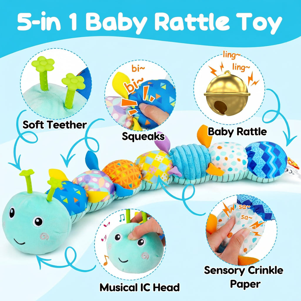 Peluche sensoriale a forma di bruco per neonati, sonaglio musicale e massaggiagengive per il tummy time