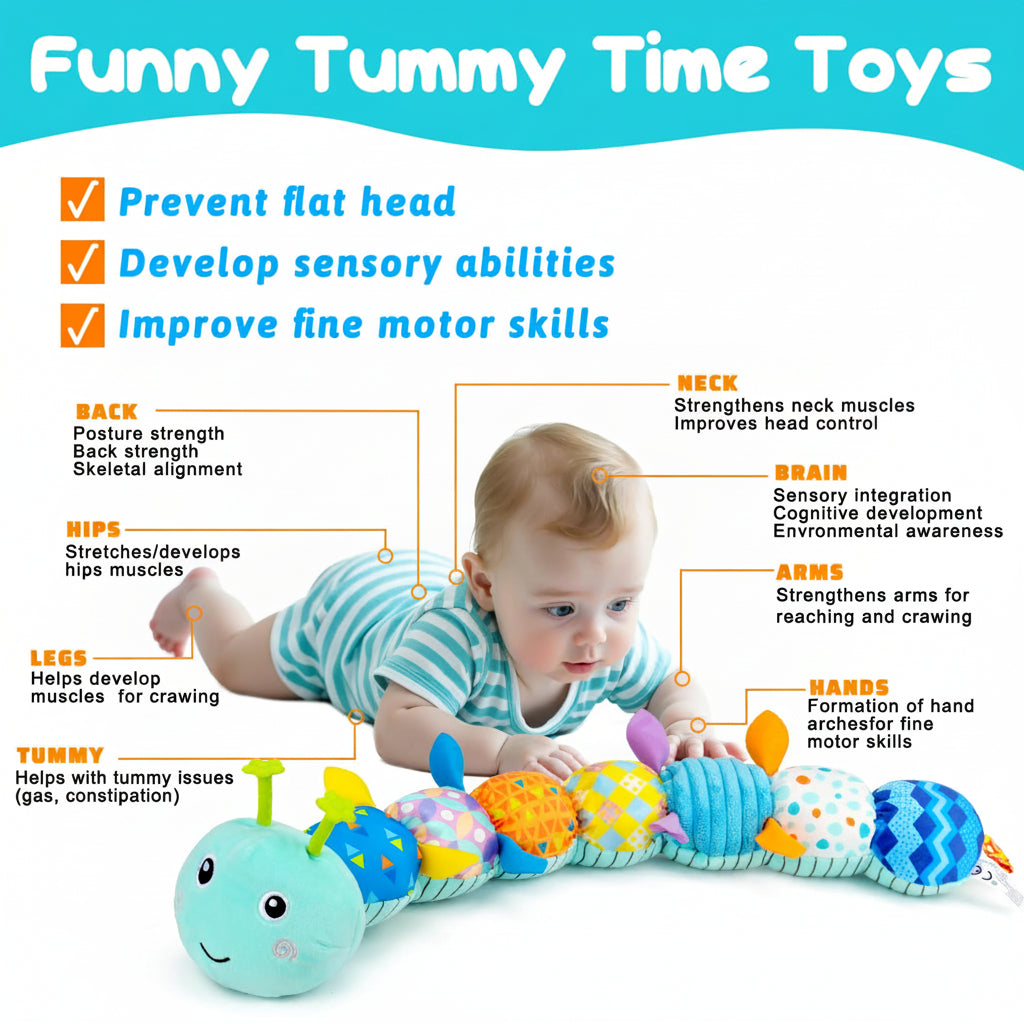 Peluche sensoriale a forma di bruco per neonati, sonaglio musicale e massaggiagengive per il tummy time