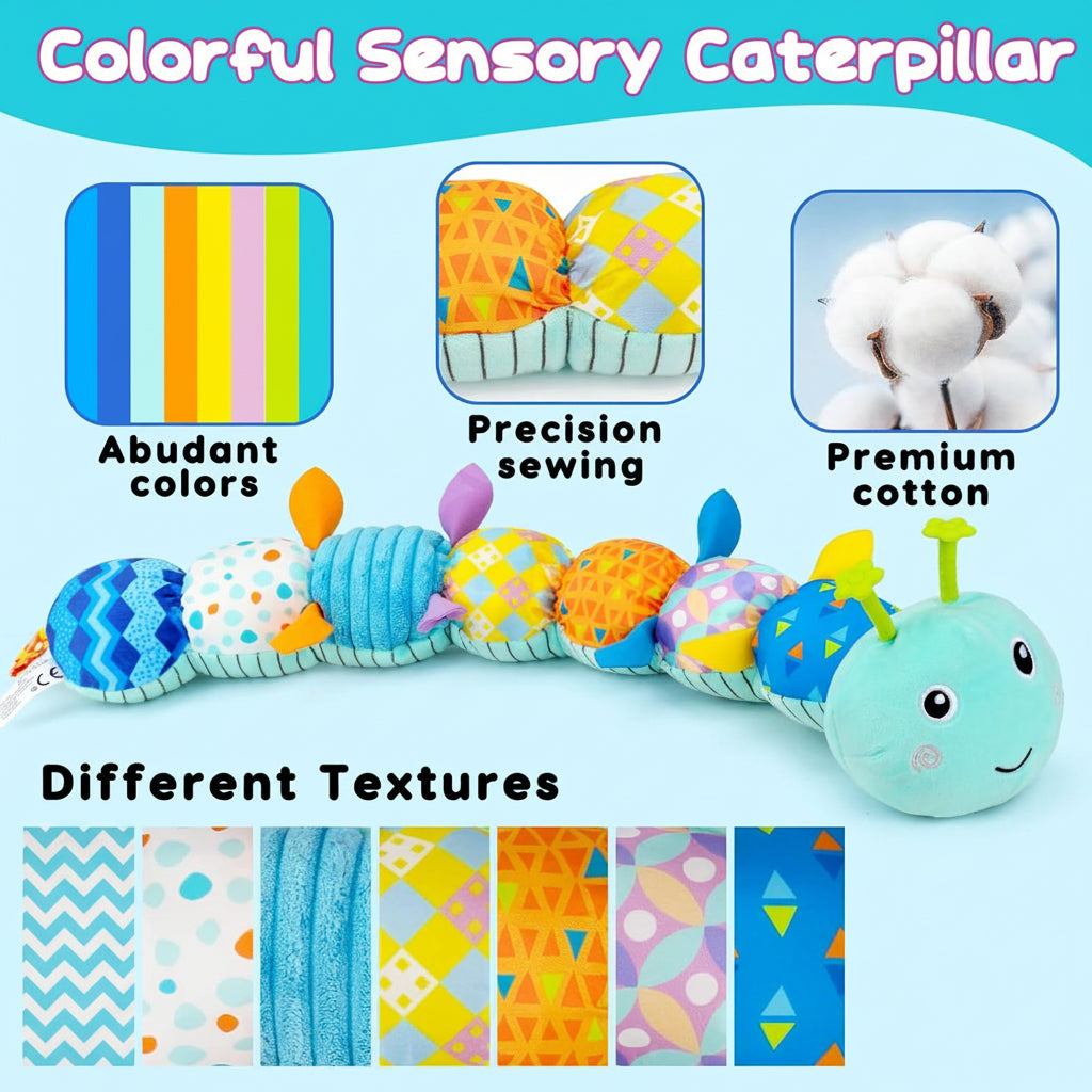 Peluche sensoriale a forma di bruco per neonati, sonaglio musicale e massaggiagengive per il tummy time