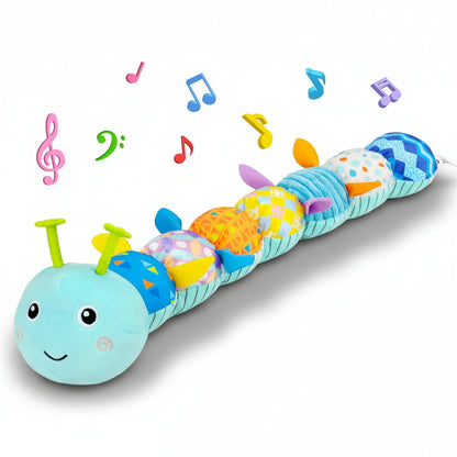 Peluche sensoriale a forma di bruco per neonati, sonaglio musicale e massaggiagengive per il tummy time