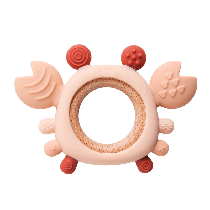 Baby Silicone Crab Teether with Wooden Ring